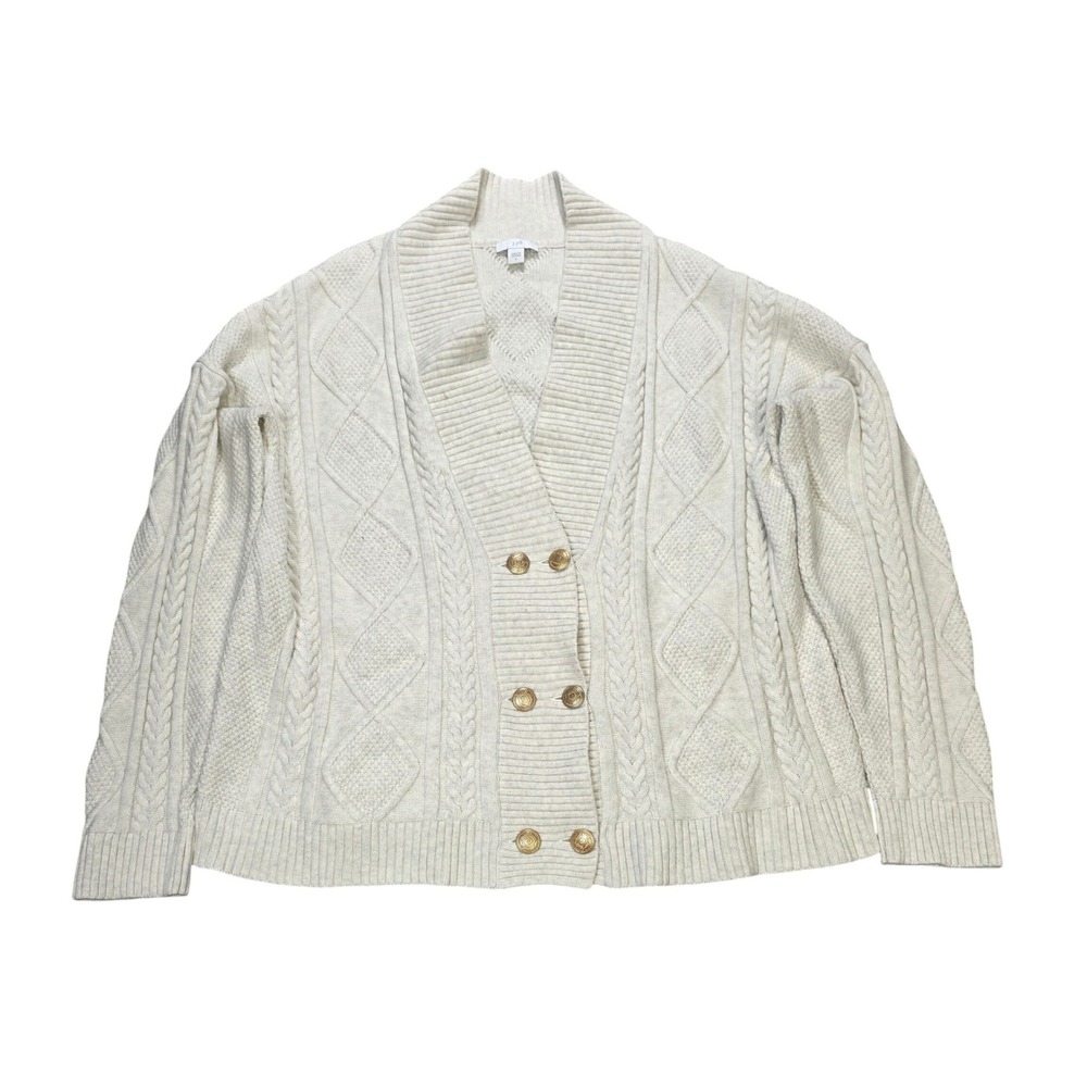J. Jill Cable Knit Double Breasted Cardigan Women's Size L Oatmeal Gold Button